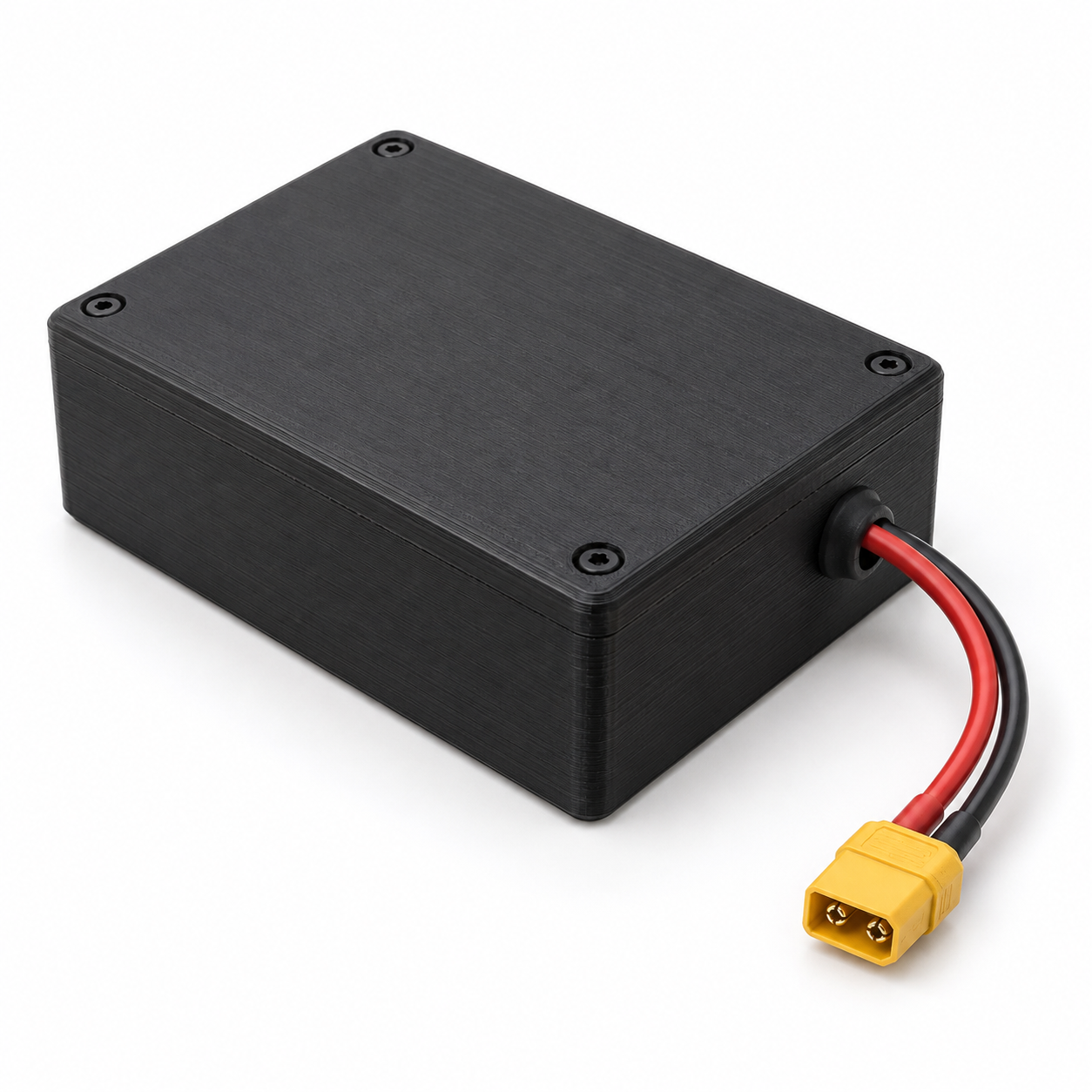 Black 3D-printed 18650 pack enclosure with a yellow XT60 connector