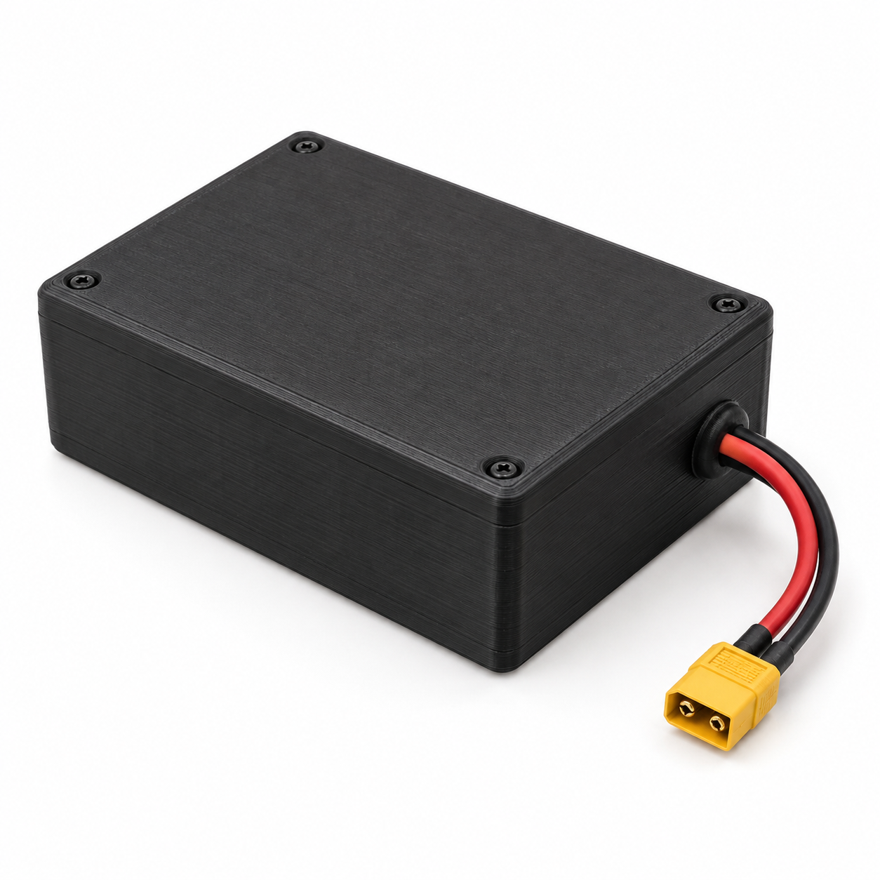 Black 3D-printed 21700 pack enclosure with a yellow XT60 connector