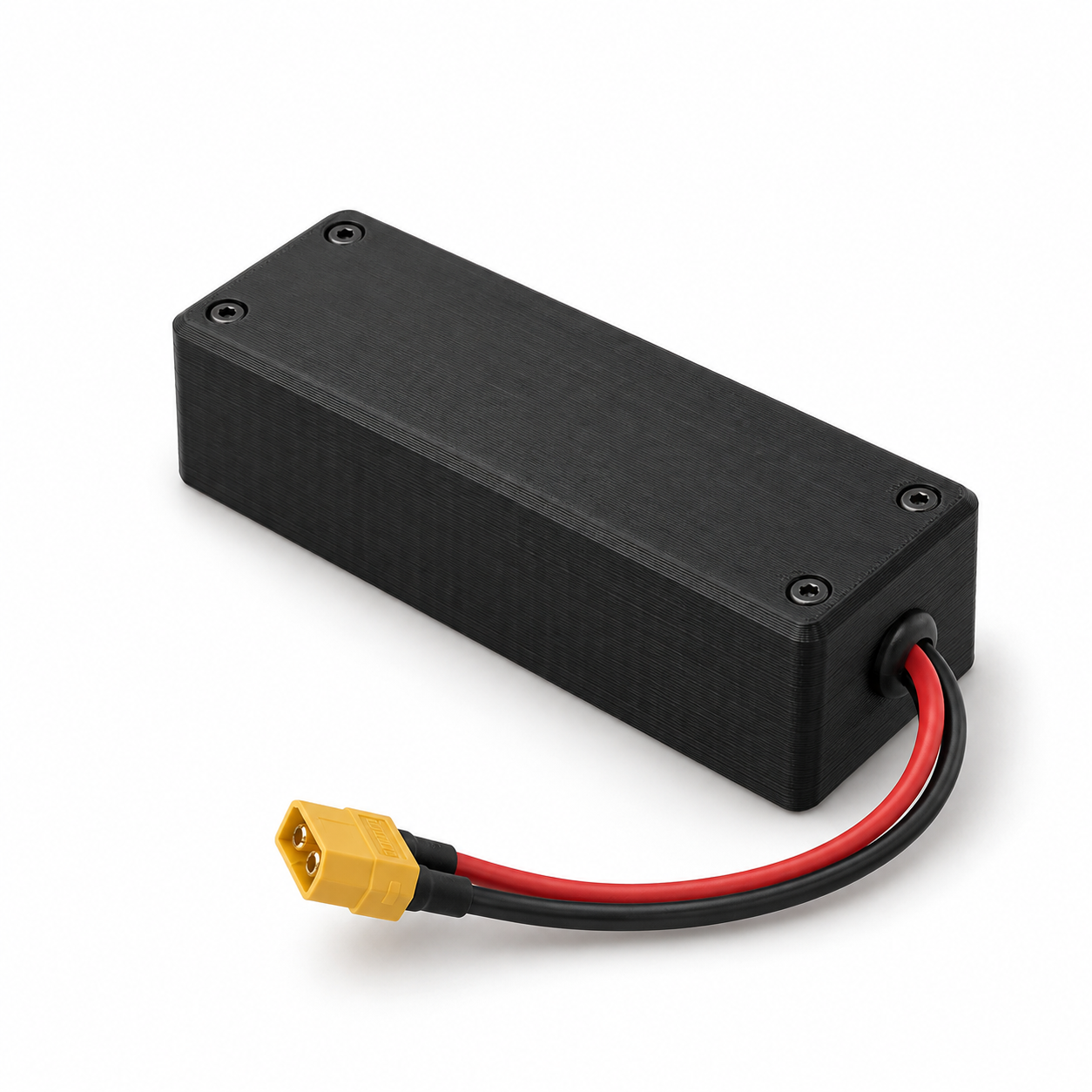 Black 3D-printed battery enclosure with red and black leads and a yellow XT30 connector