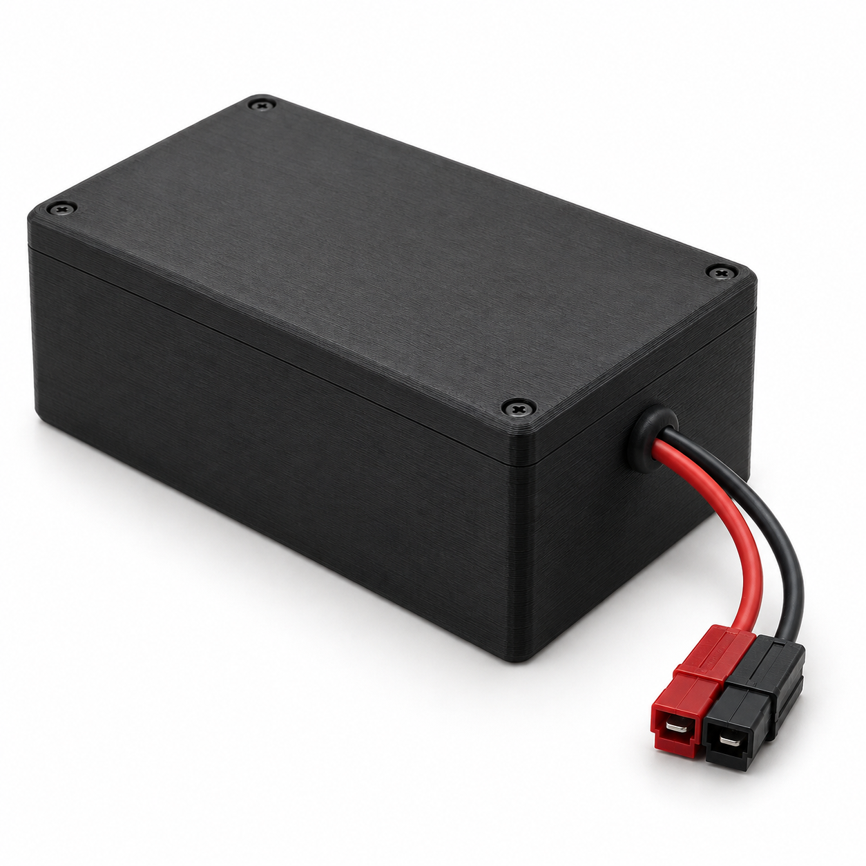 Black 3D-printed battery enclosure with paired red and black Anderson Powerpole connectors