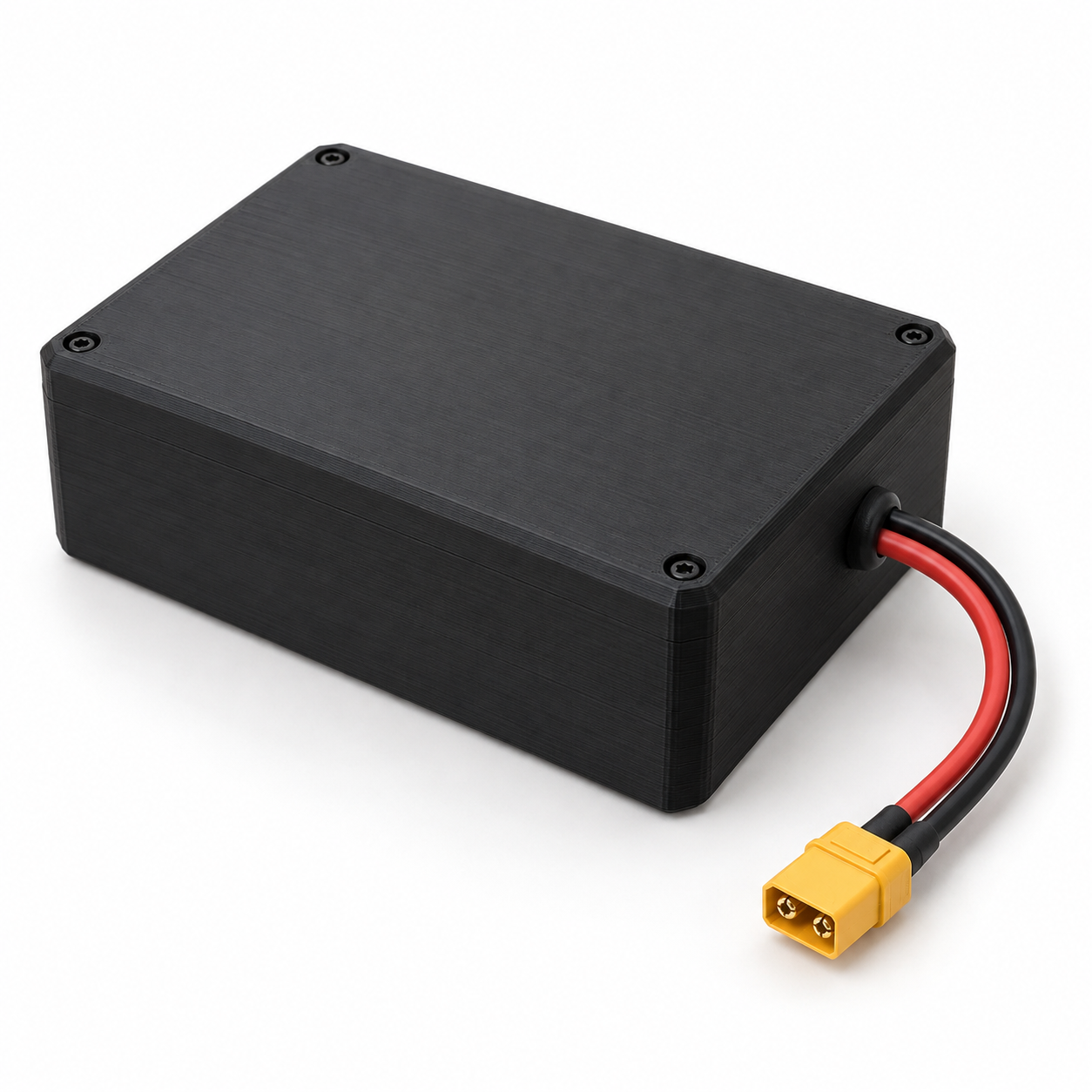 Black 3D-printed M58T pack enclosure with an XT60 connector